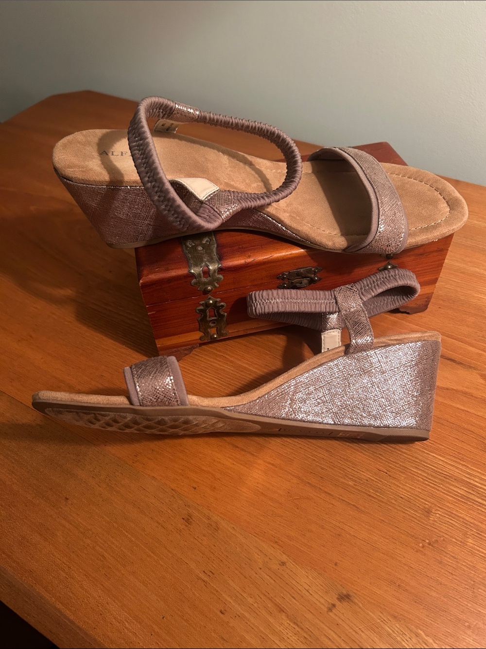 Alfani Taupe-Brown Fabric Wedge Sandals with Metallic Accent